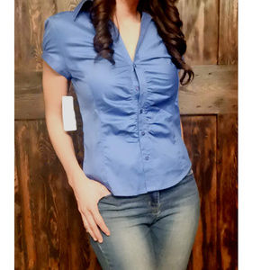 i.e. Petite Womens Blue Button-Up Blouse Top